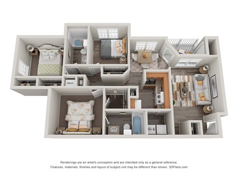 Floor plan for 3 beds, 2 baths, 1359 sqft